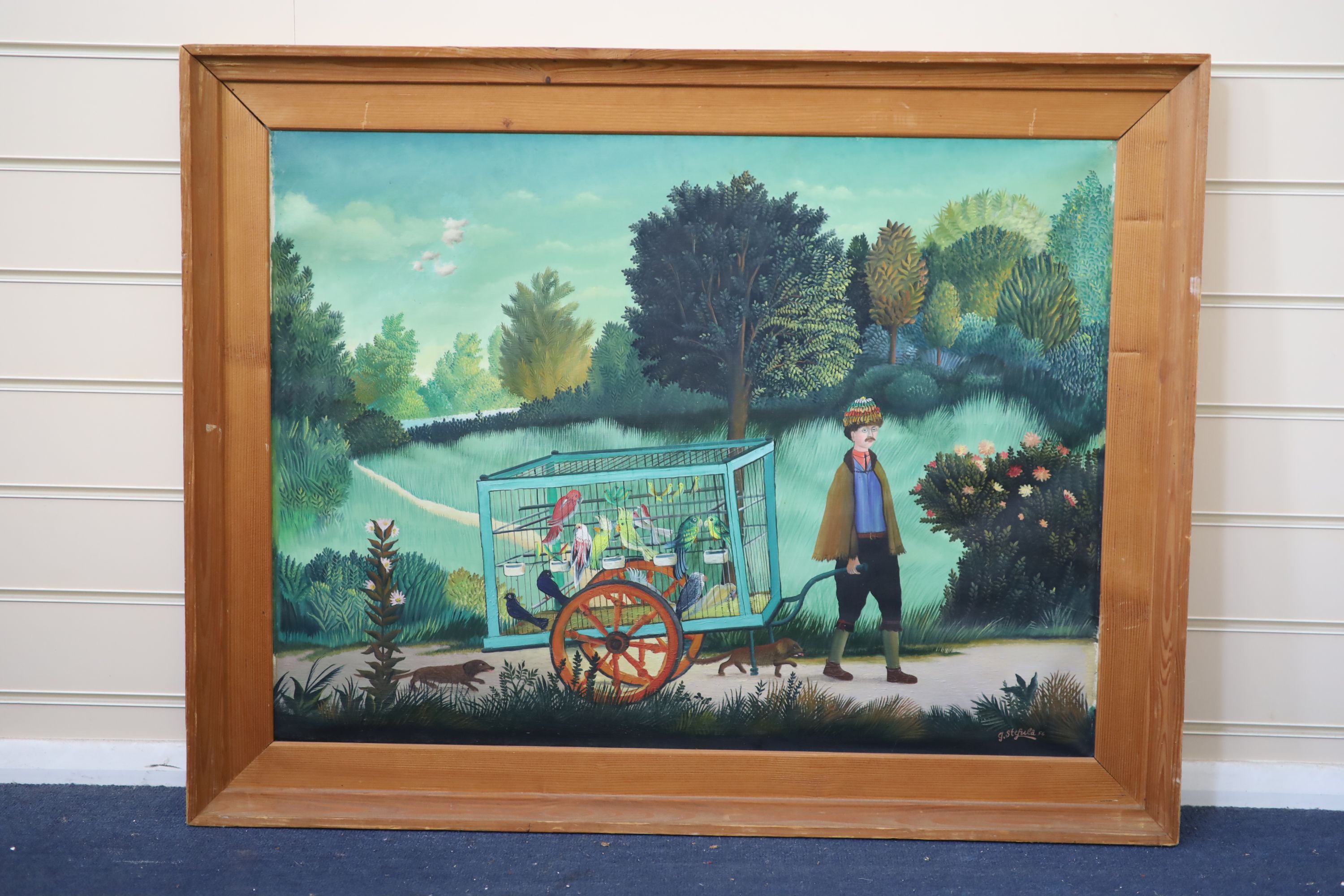 Gyorgy Stefola (German, 1913-1999), The Bird Seller, Oil on canvas, 55 x 74cm.